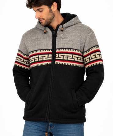 Handmade Woolen Jacket from Nepal – Black & Grey Ethnic Pattern Hoodie