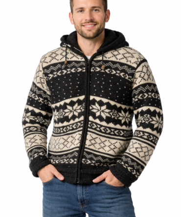 Handmade Woolen Jacket with Nordic Snowflake Pattern – Nepali Artisan Hoodie