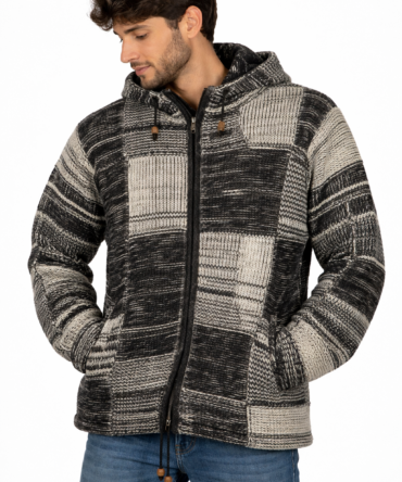 Handmade Woolen Jacket with Monochrome Patchwork – Nepalese Artisan Hoodie