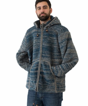Handmade Blue Woolen Jacket – Nepali Artisan Hoodie with Earthy Tones