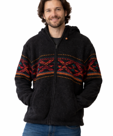 Handmade Woolen Jacket with Vibrant Tribal Pattern – Nepali Artisan Hoodie