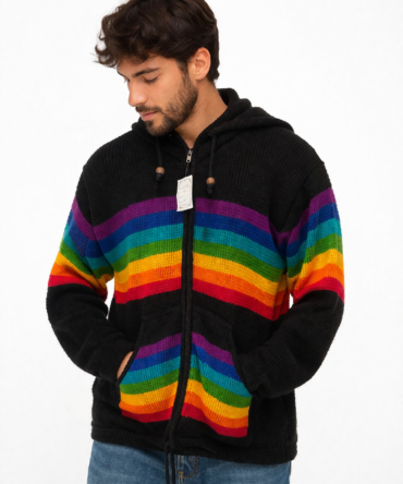 Handmade Black Woolen Jacket with Rainbow Stripes – Nepalese Artisan Hoodie