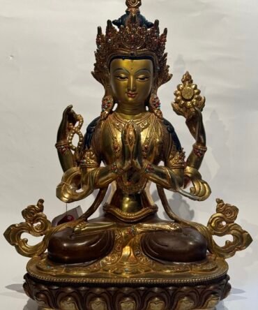 14" Enchanting Hand-Painted Four-Armed Chenrezig Statue: Gold Plated Face