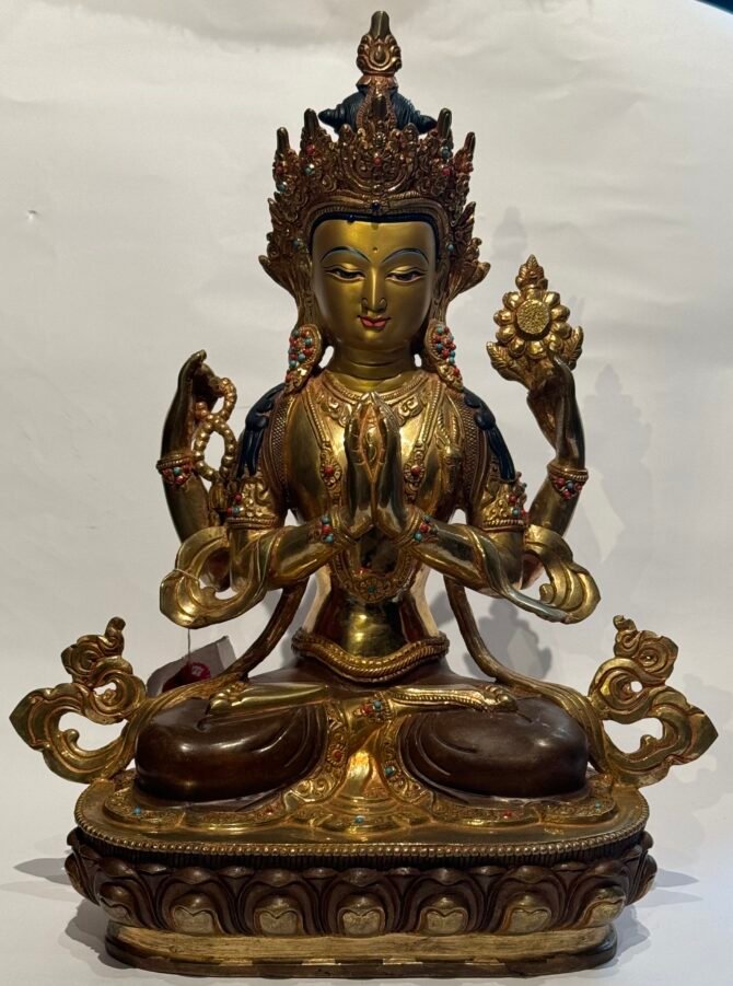 14" Enchanting Hand-Painted Four-Armed Chenrezig Statue: Gold Plated Face