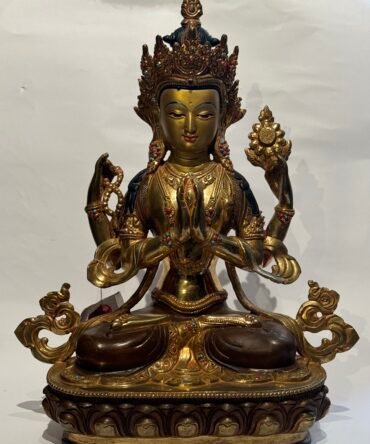 9" Enchanting Hand-Painted Four-Armed Chenrezig Statue: Gold Plated Face