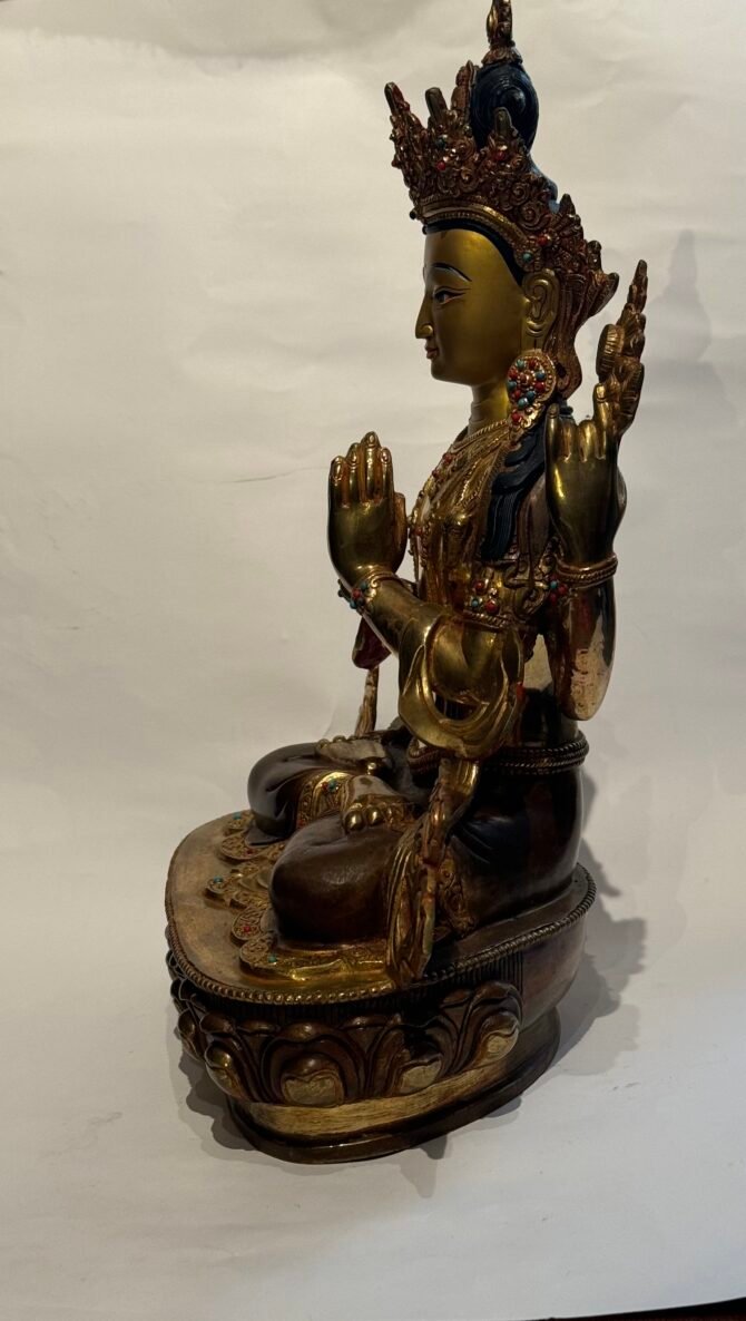 9" Enchanting Hand-Painted Four-Armed Chenrezig Statue: Gold Plated Face - Image 3