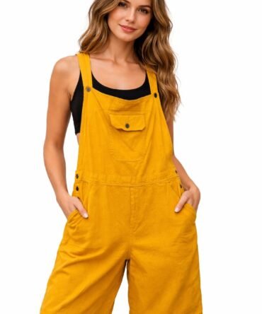 Women’s Mustard Yellow Short Overalls Casual Summer Dungarees Bib Romper with Pockets