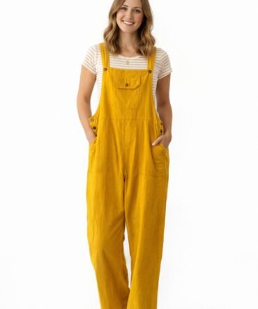 Women’s 100% Cotton Full-Length Overalls – Casual Wide Leg Dungarees with Pockets
