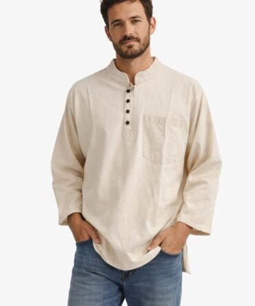 Men’s Mandarin Collar Tunic Shirt – Casual Relaxed Fit Long Kurta Style Top