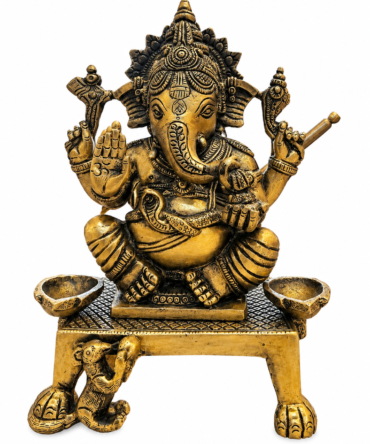 Antique Brass Ganesha Statue with Oil Lamp Holders – 20 cm